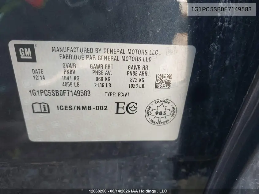 2015 CHEVROLET CRUZE VIN 1G1PC5SB0F7149583 — фото 9