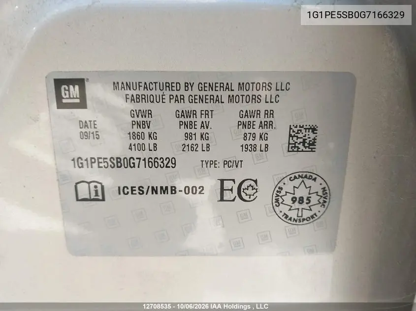 2016 CHEVROLET CRUZE VIN 1G1PE5SB0G7166329 — фото 9
