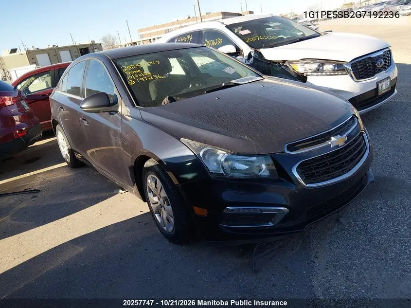 CHEVROLET CRUZE 2016, VIN 1G1PE5SB2G7192236