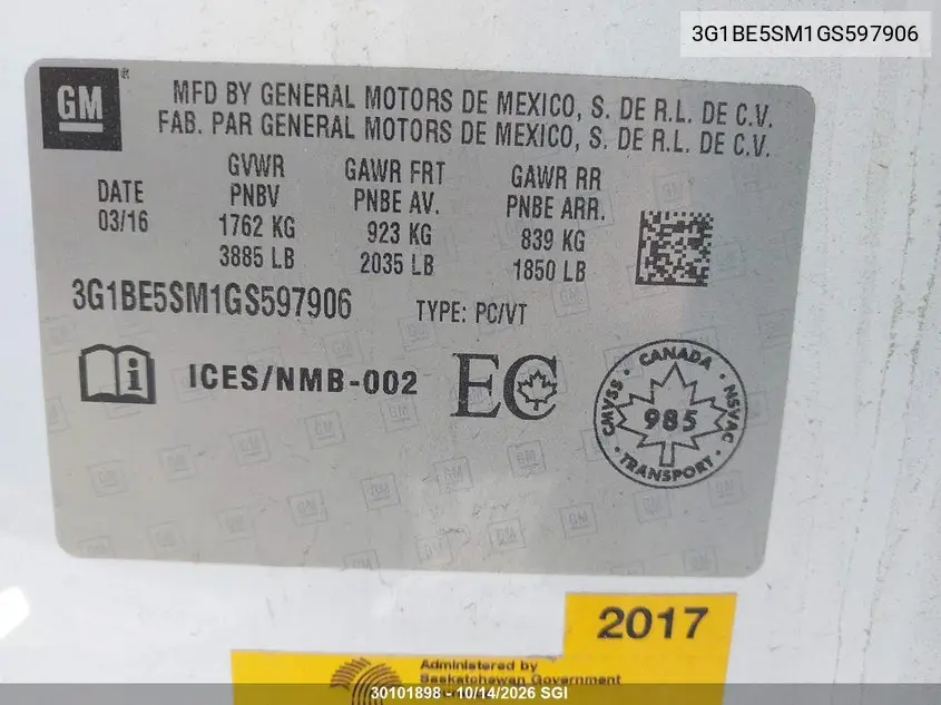 2016 CHEVROLET CRUZE VIN 3G1BE5SM1GS597906 — фото 9