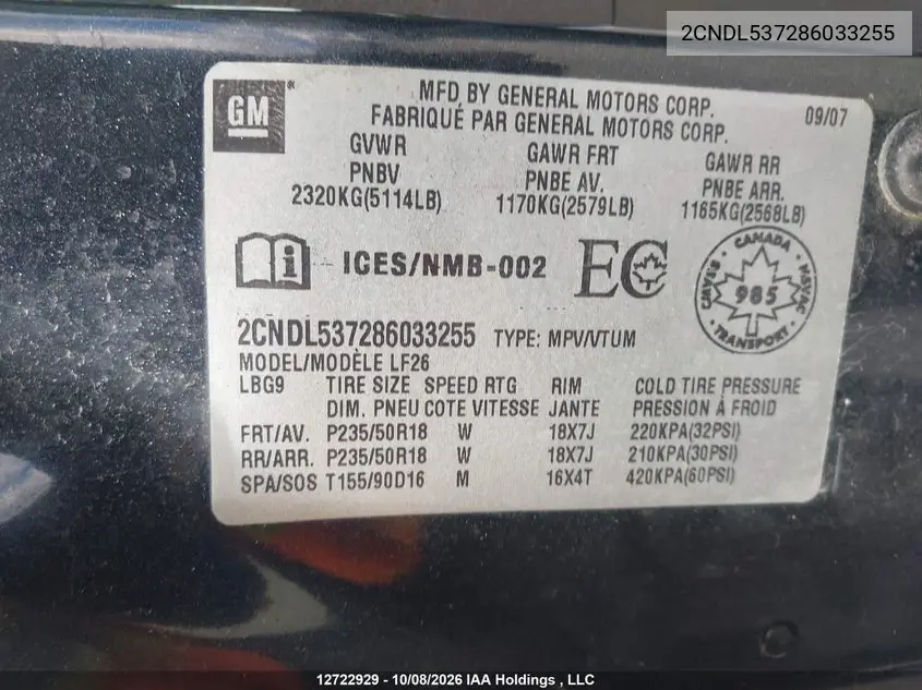 2008 CHEVROLET EQUINOX VIN 2CNDL537286033255 — фото 9