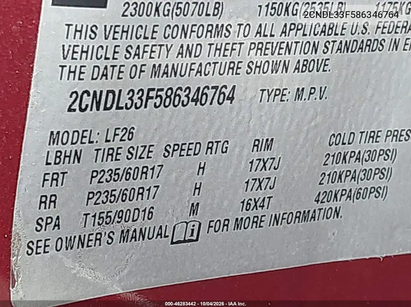 2008 CHEVROLET EQUINOX VIN 2CNDL33F586346764 — фото 9