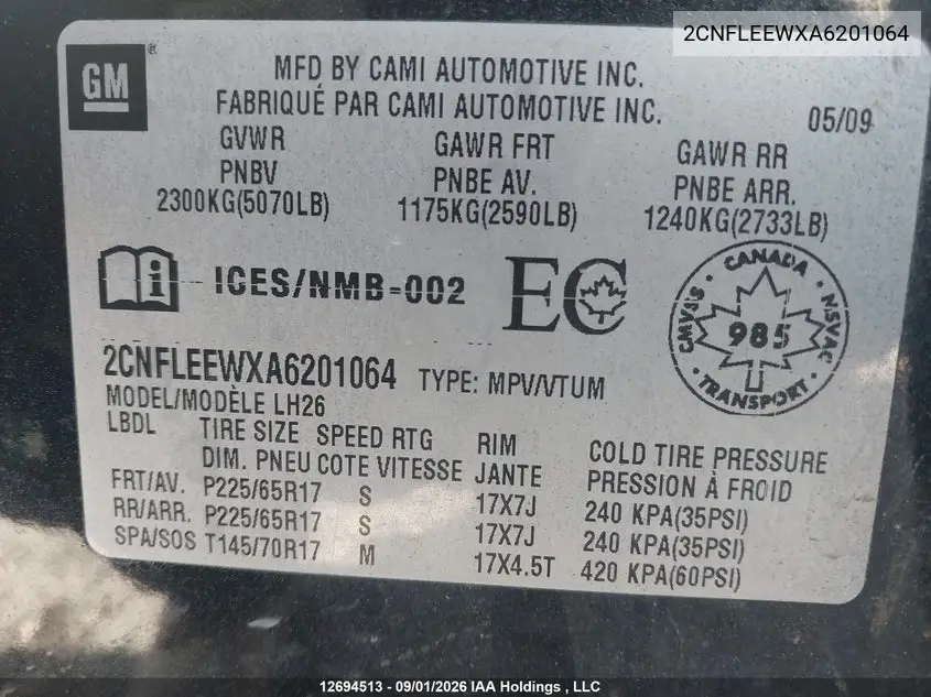 2010 CHEVROLET EQUINOX VIN 2CNFLEEWXA6201064 — фото 18