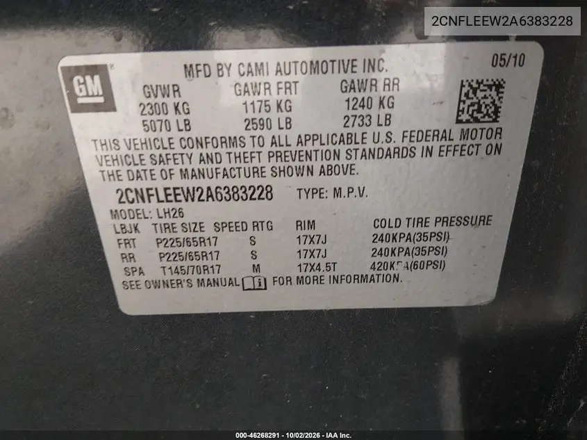 2010 CHEVROLET EQUINOX VIN 2CNFLEEW2A6383228 — фото 9
