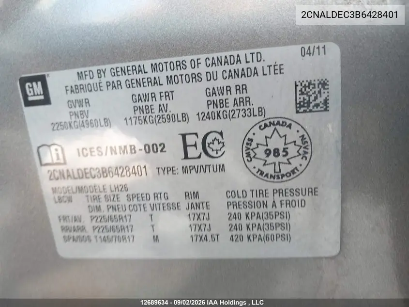 2011 CHEVROLET EQUINOX VIN 2CNALDEC3B6428401 — фото 9