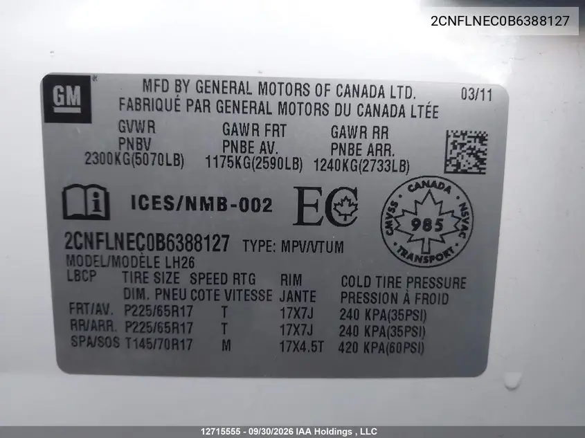 2011 CHEVROLET EQUINOX VIN 2CNFLNEC0B6388127 — фото 21