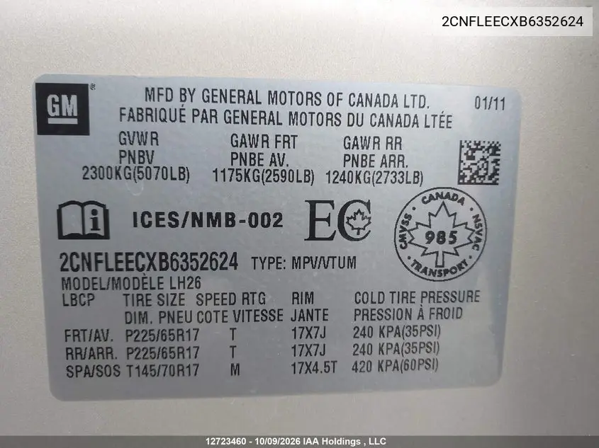 2011 CHEVROLET EQUINOX VIN 2CNFLEECXB6352624 — фото 19