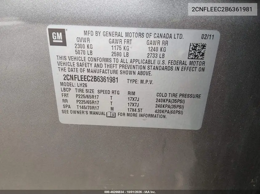 2011 CHEVROLET EQUINOX VIN 2CNFLEEC2B6361981 — фото 9