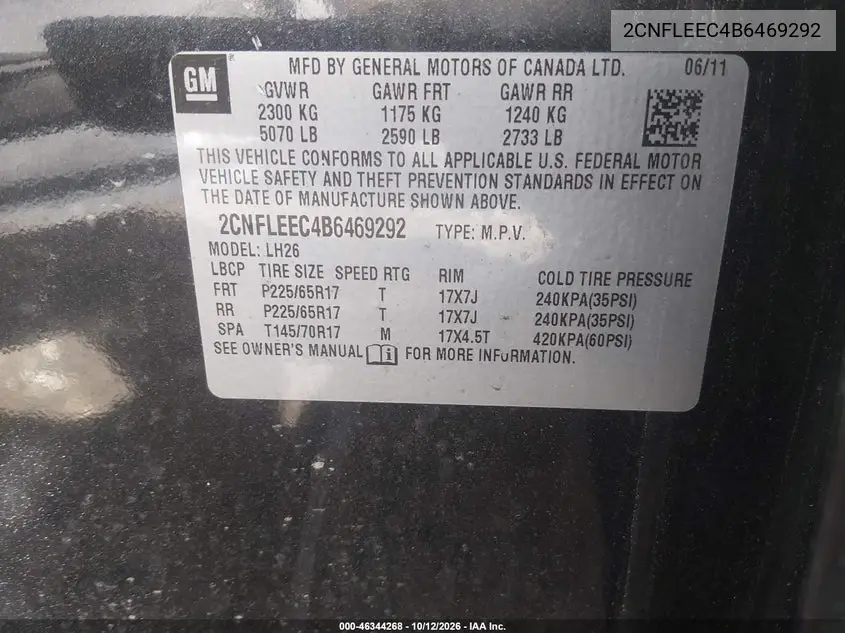 2011 CHEVROLET EQUINOX VIN 2CNFLEEC4B6469292 — фото 9