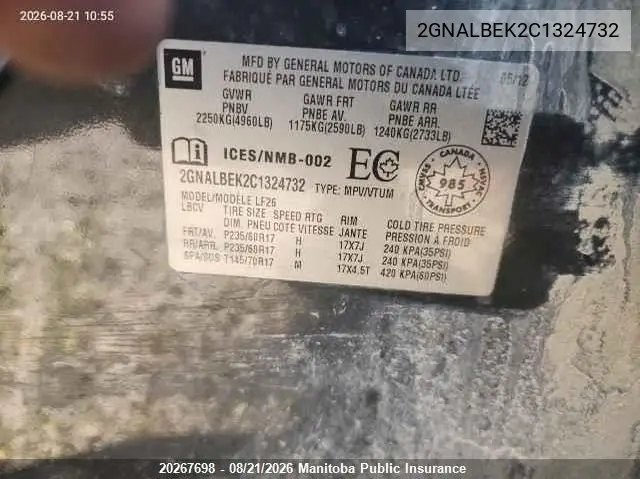 2012 CHEVROLET EQUINOX VIN 2GNALBEK2C1324732 — фото 9