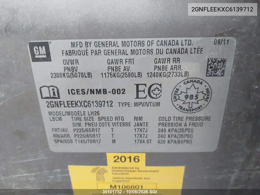 2012 CHEVROLET EQUINOX VIN 2GNFLEEKXC6139712 — фото 9