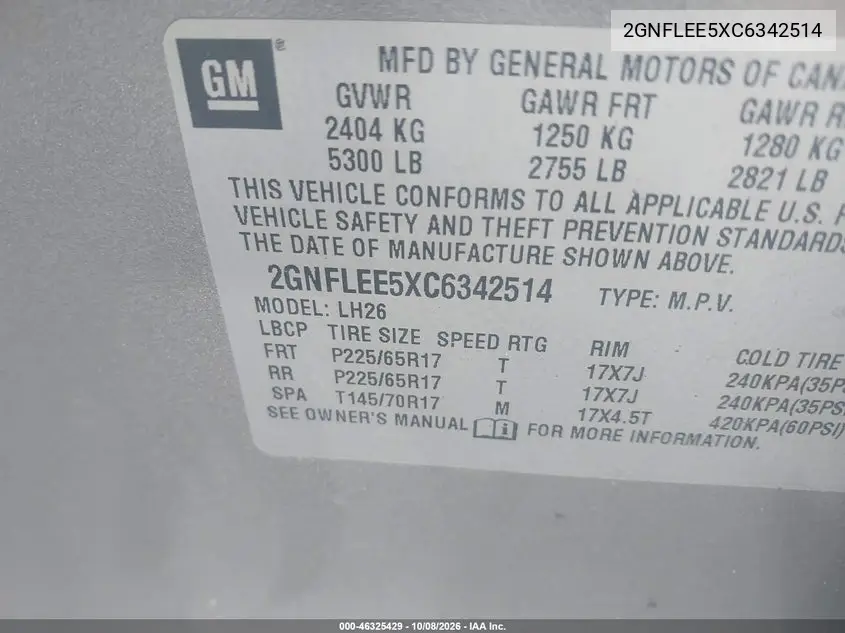 2012 CHEVROLET EQUINOX VIN 2GNFLEE5XC6342514 — фото 9