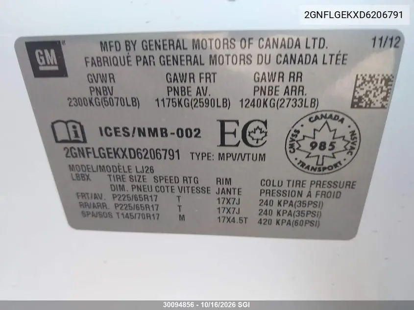 2013 CHEVROLET EQUINOX VIN 2GNFLGEKXD6206791 — фото 9