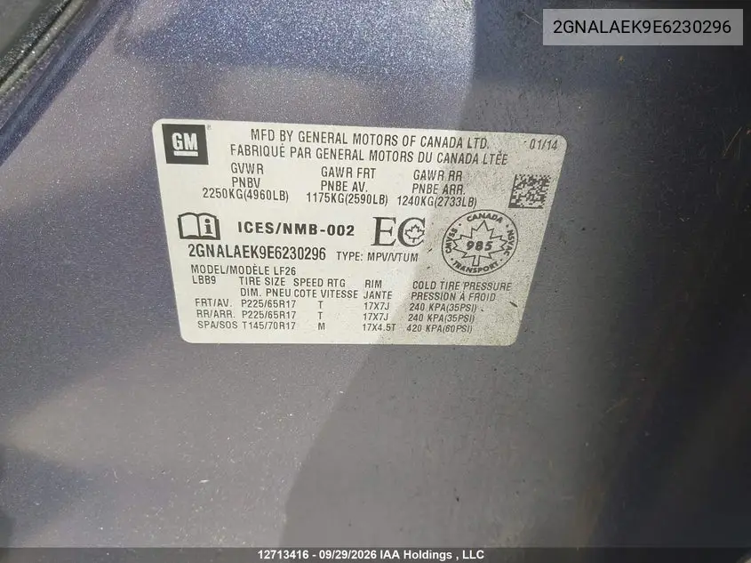 2014 CHEVROLET EQUINOX VIN 2GNALAEK9E6230296 — фото 9