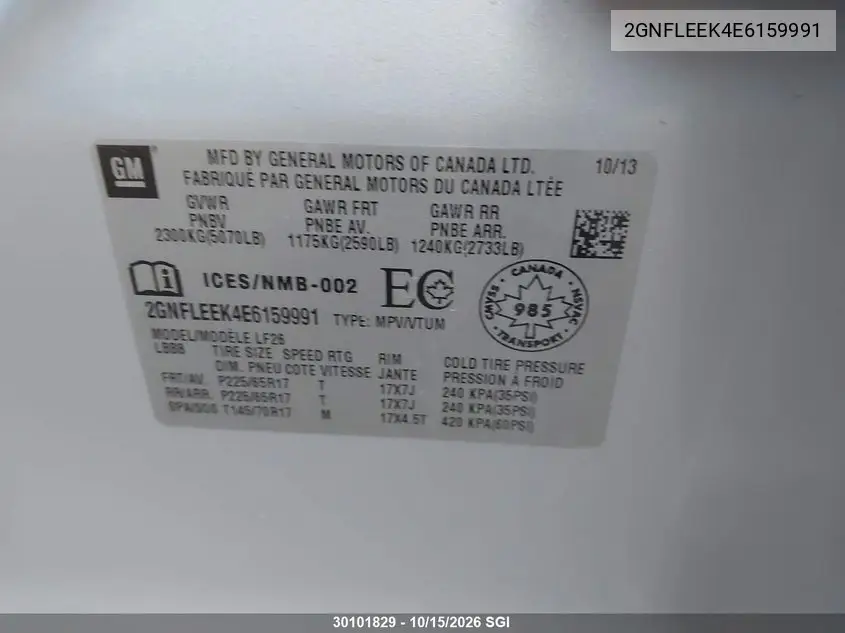 2014 CHEVROLET EQUINOX VIN 2GNFLEEK4E6159991 — фото 9