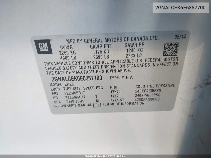 2014 CHEVROLET EQUINOX VIN 2GNALCEK6E6357700 — фото 9
