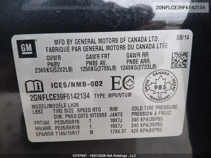 2015 CHEVROLET EQUINOX VIN 2GNFLCE39F6142134 — фото 9