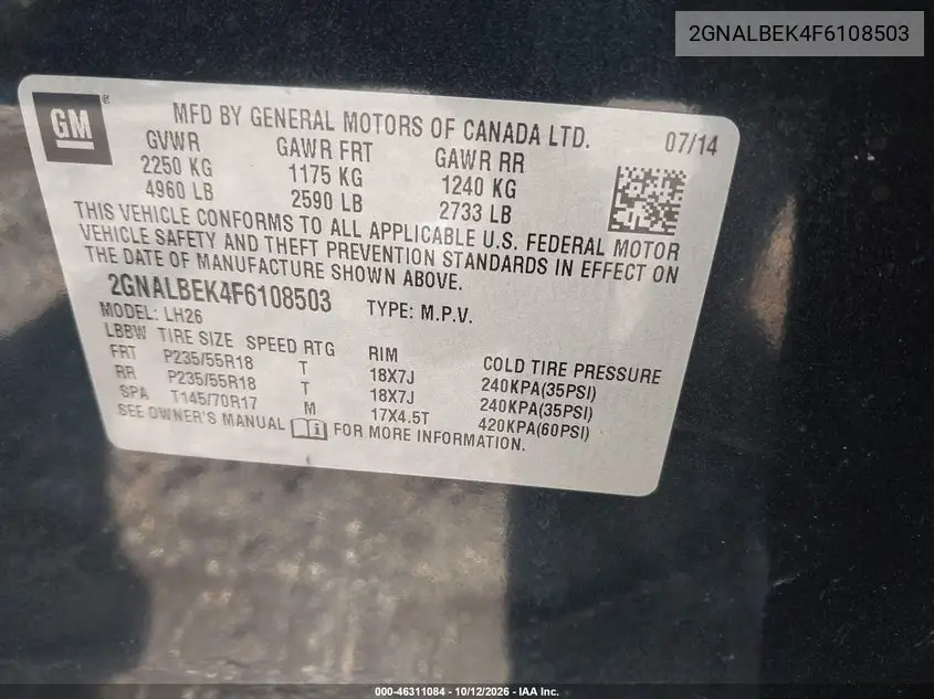 2015 CHEVROLET EQUINOX VIN 2GNALBEK4F6108503 — фото 9