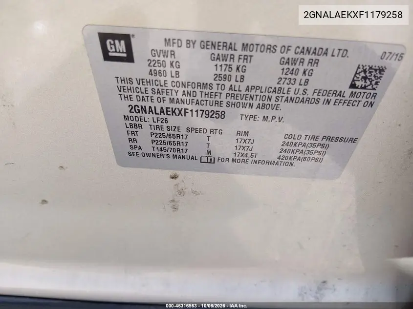 2015 CHEVROLET EQUINOX VIN 2GNALAEKXF1179258 — фото 9