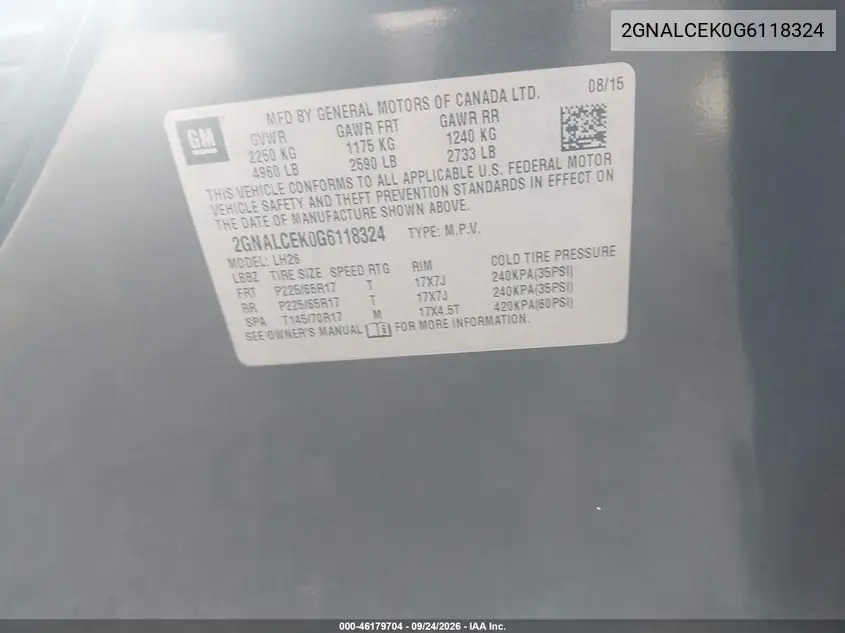 2016 CHEVROLET EQUINOX VIN 2GNALCEK0G6118324 — фото 9