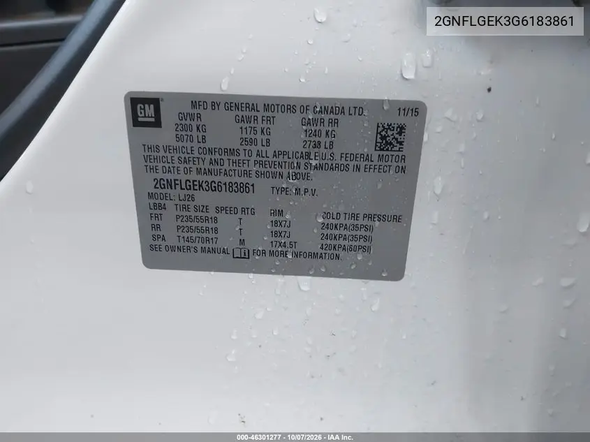 2016 CHEVROLET EQUINOX VIN 2GNFLGEK3G6183861 — фото 9