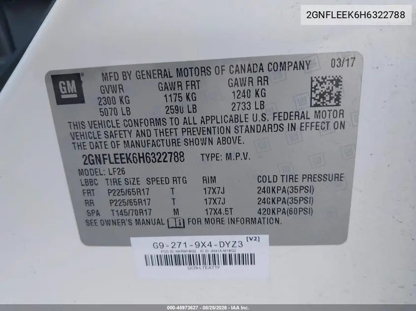 2017 CHEVROLET EQUINOX VIN 2GNFLEEK6H6322788 — фото 9