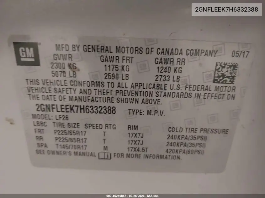 2017 CHEVROLET EQUINOX VIN 2GNFLEEK7H6332388 — фото 9