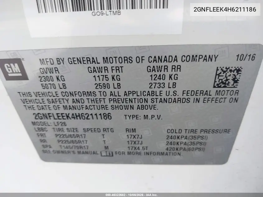 2017 CHEVROLET EQUINOX VIN 2GNFLEEK4H6211186 — фото 9