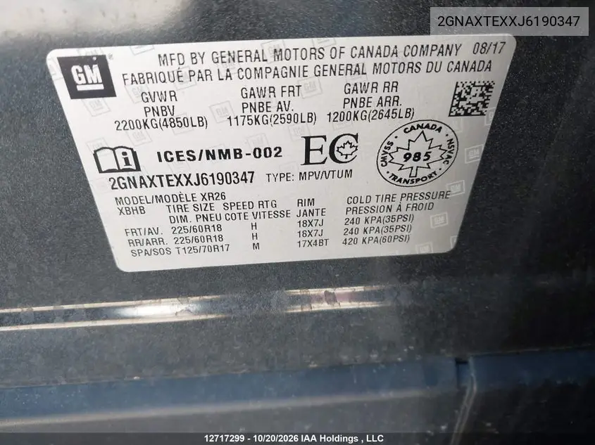 CHEVROLET EQUINOX 2018, VIN 2GNAXTEXXJ6190347