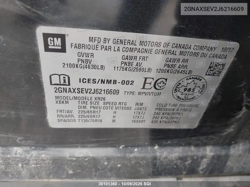 2018 CHEVROLET EQUINOX VIN 2GNAXSEV2J6216609 — фото 9