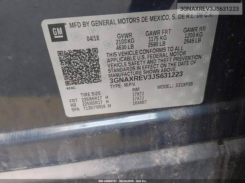 2018 CHEVROLET EQUINOX VIN 3GNAXREV3JS631223 — фото 9
