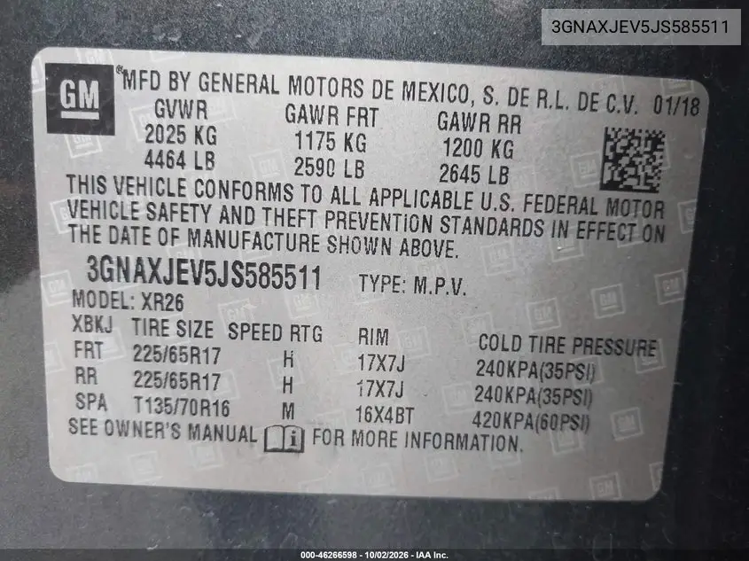 2018 CHEVROLET EQUINOX VIN 3GNAXJEV5JS585511 — фото 9