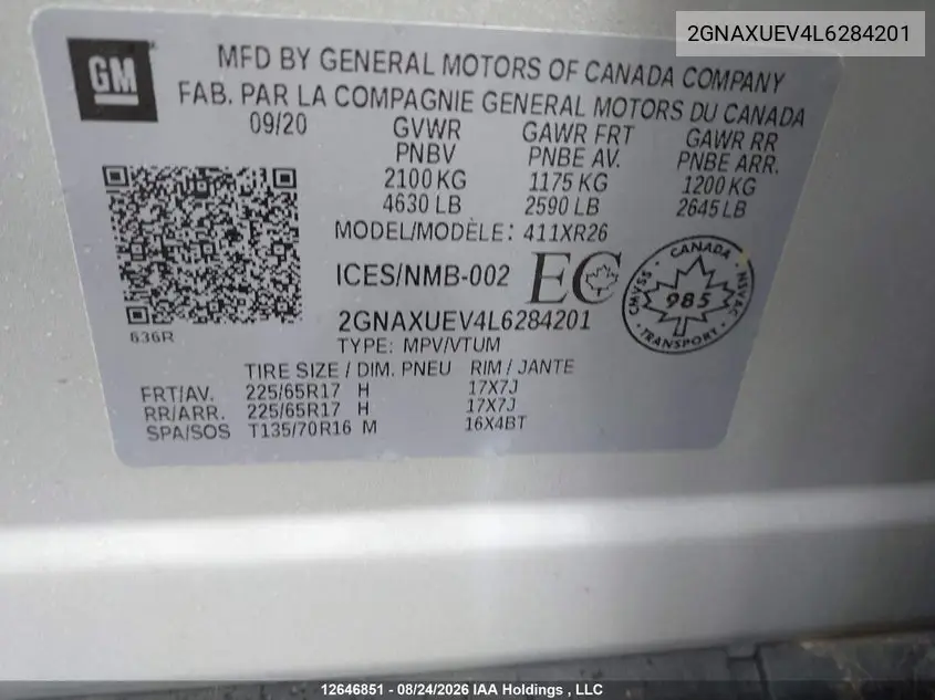 2020 CHEVROLET EQUINOX VIN 2GNAXUEV4L6284201 — фото 22