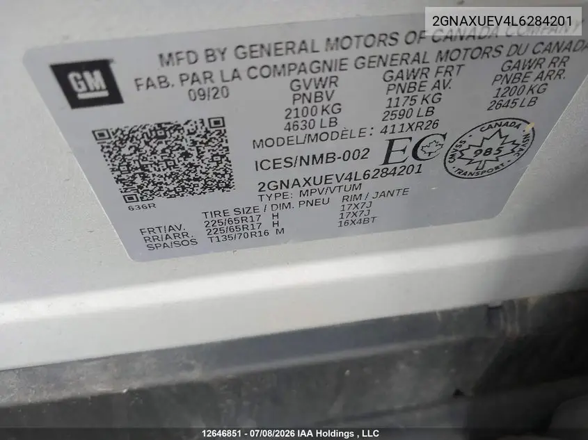 2020 CHEVROLET EQUINOX VIN 2GNAXUEV4L6284201 — фото 9