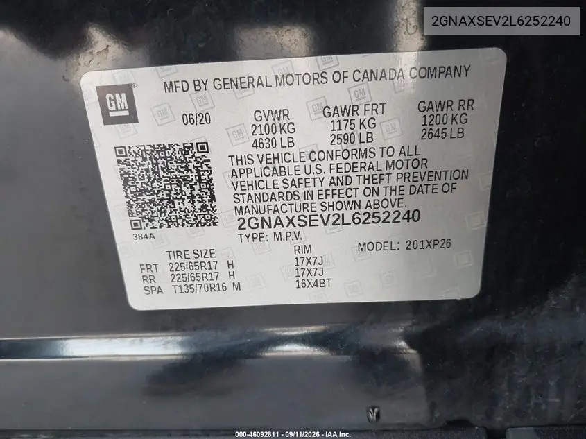 2020 CHEVROLET EQUINOX VIN 2GNAXSEV2L6252240 — фото 9