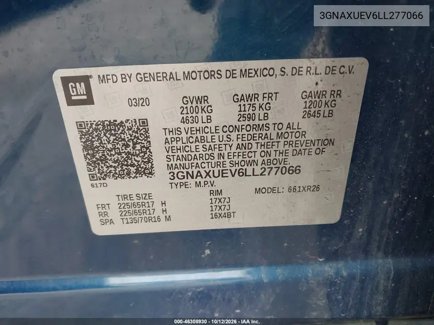 2020 CHEVROLET EQUINOX VIN 3GNAXUEV6LL277066 — фото 9