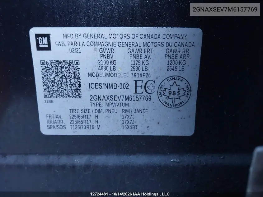 2021 CHEVROLET EQUINOX VIN 2GNAXSEV7M6157769 — фото 18