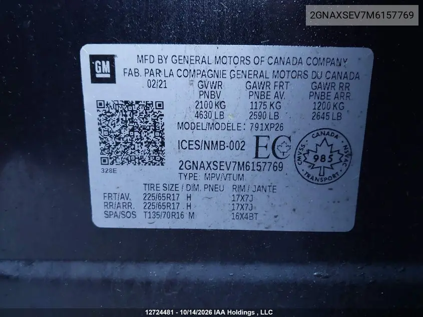 2021 CHEVROLET EQUINOX VIN 2GNAXSEV7M6157769 — фото 9