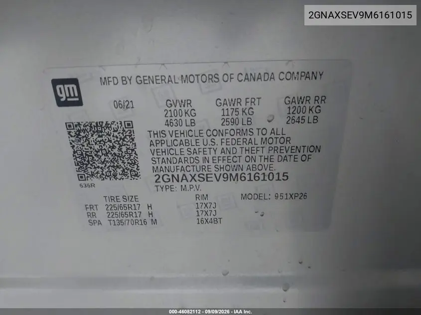 2021 CHEVROLET EQUINOX VIN 2GNAXSEV9M6161015 — фото 9