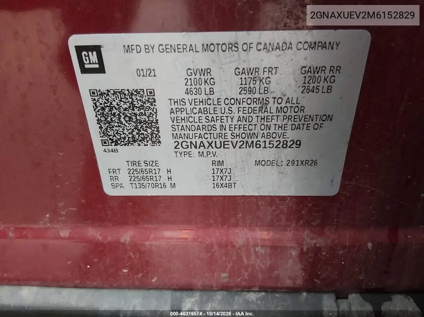 2021 CHEVROLET EQUINOX VIN 2GNAXUEV2M6152829 — фото 9