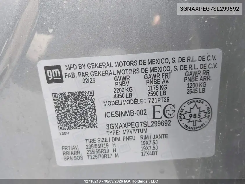2025 CHEVROLET EQUINOX VIN 3GNAXPEG7SL299692 — фото 9