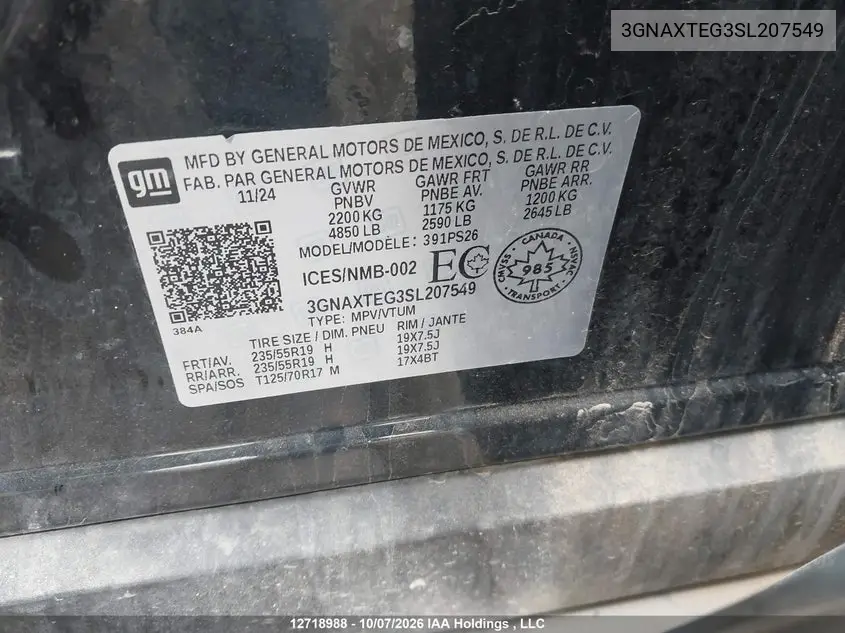 2025 CHEVROLET EQUINOX VIN 3GNAXTEG3SL207549 — фото 9