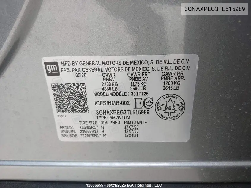 2026 CHEVROLET EQUINOX VIN 3GNAXPEG3TL515989 — фото 9