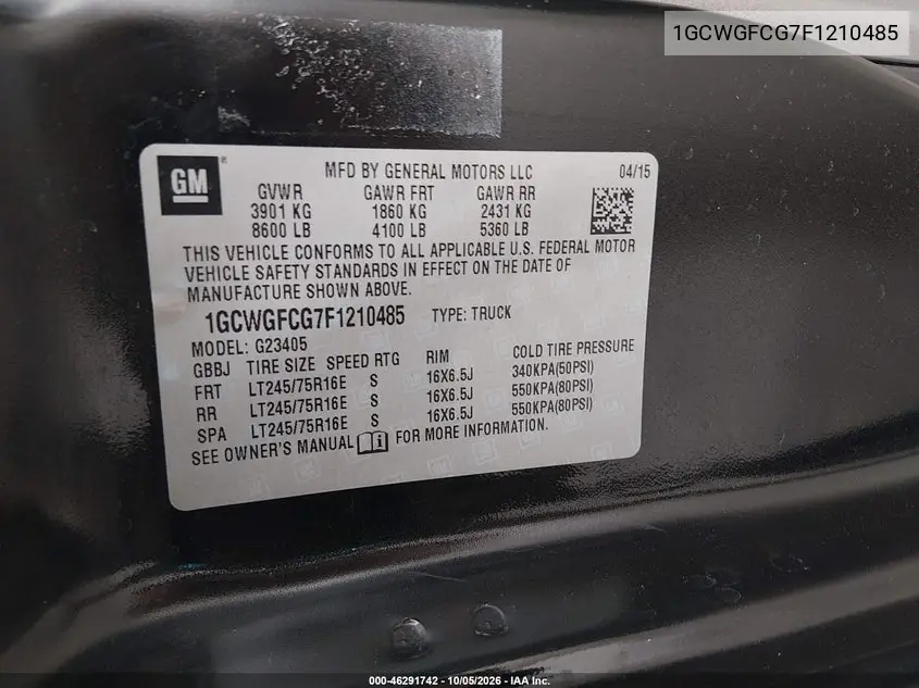 2015 CHEVROLET EXPRESS VIN 1GCWGFCG7F1210485 — фото 9