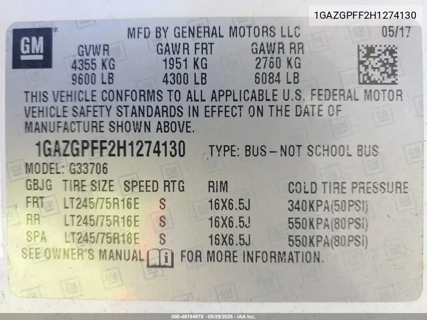 2017 CHEVROLET EXPRESS VIN 1GAZGPFF2H1274130 — фото 9