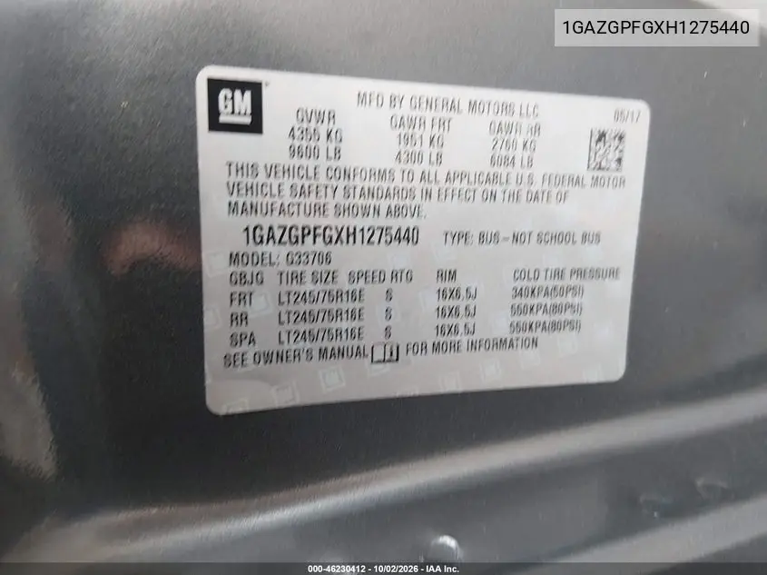 2017 CHEVROLET EXPRESS VIN 1GAZGPFGXH1275440 — фото 9