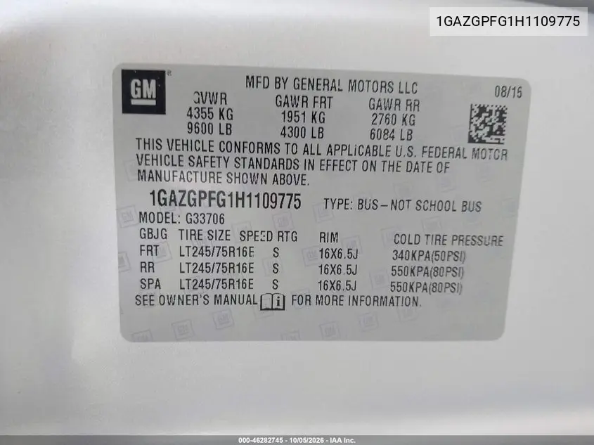 2017 CHEVROLET EXPRESS VIN 1GAZGPFG1H1109775 — фото 9