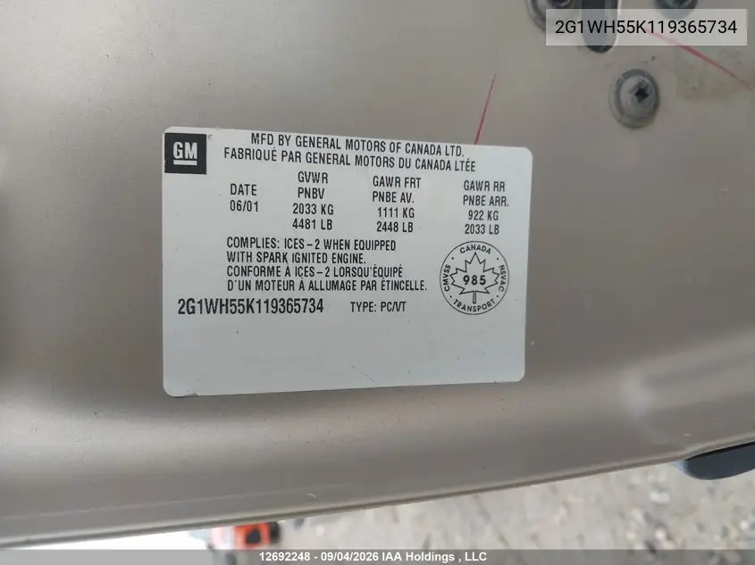 2001 CHEVROLET IMPALA VIN 2G1WH55K119365734 — фото 18