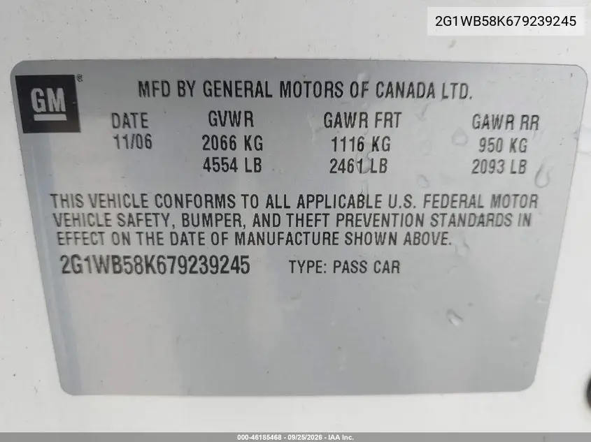 2007 CHEVROLET IMPALA VIN 2G1WB58K679239245 — фото 9