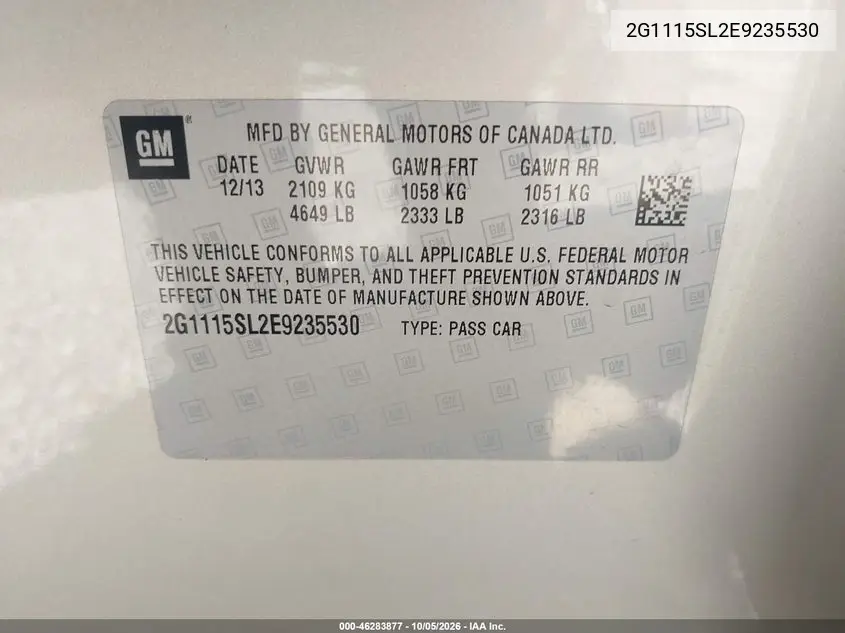 2014 CHEVROLET IMPALA VIN 2G1115SL2E9235530 — фото 9